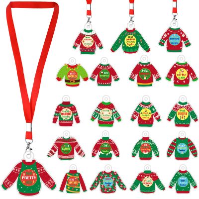 Woanger 20 Pcs Ugly Christmas Sweater Awards with Neck Ribbon, 20 Styles