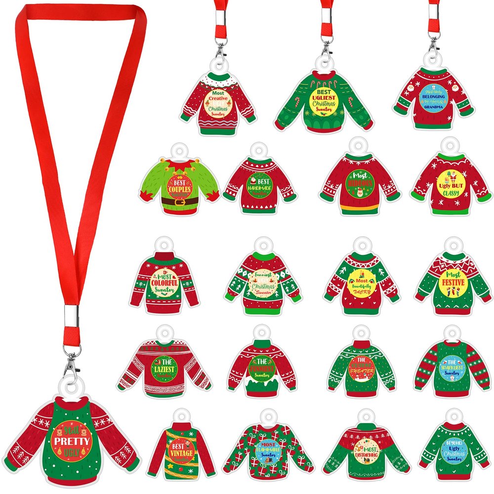 Woanger 20 Pcs Ugly Christmas Sweater Awards with Neck Ribbon, 20 Styles