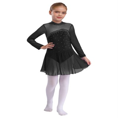 Linjinx Kids Girls Figure Ice Skating Dress Sparkly Rhinestone Long Sleeves Dance Ballet Gymnastics Dress Dancewear Black 6 Years