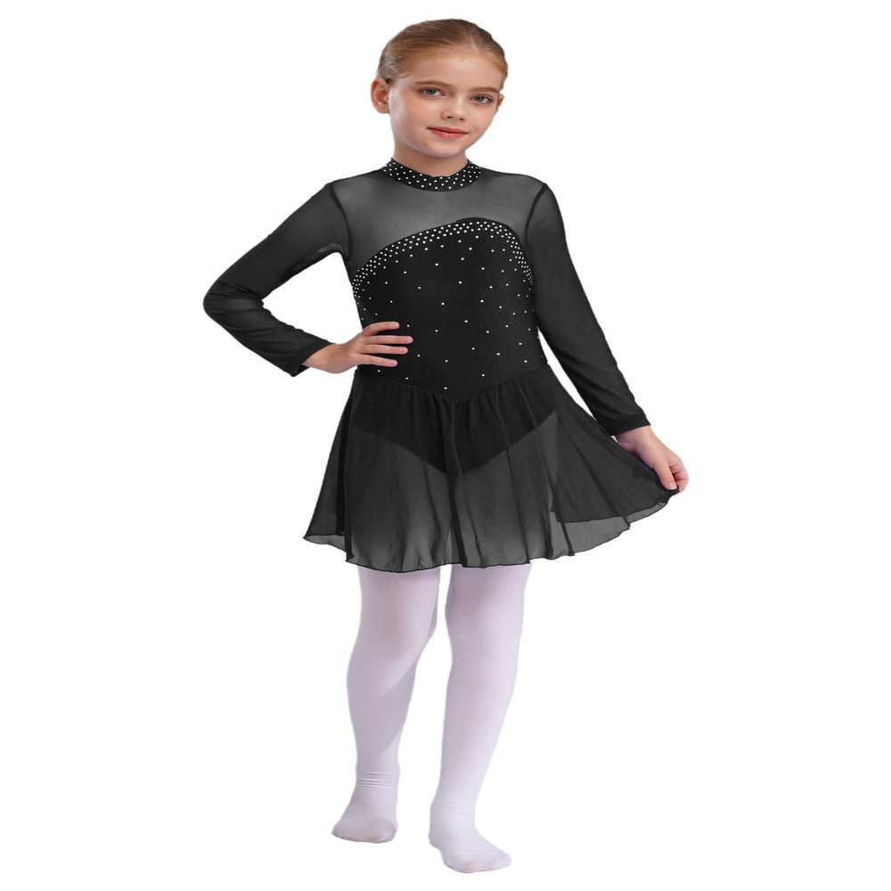 Linjinx Kids Girls Figure Ice Skating Dress Sparkly Rhinestone Long Sleeves Dance Ballet Gymnastics Dress Dancewear Black 6 Years