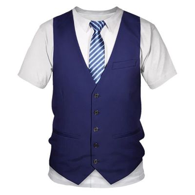 Jhaoyu Mens Tuxedo Novelty T-Shirt Short Sleeve Suit Vest 3D Tie Printed Shirt Top Blue XX-Large
