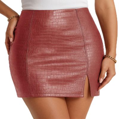 MANGOPOP Womens High Waist Bodycon Mini Short Faux Leather Skirt with Slit (Wine Red (Snakeskin), X-Large)