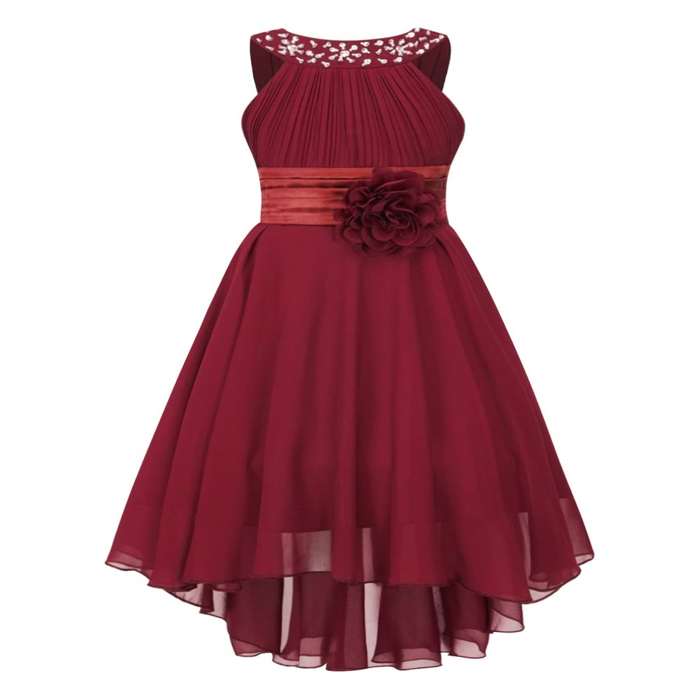 YiZYiF Kids Flower Girl Wedding Dress Beaded High Low Teens Junior Bridesmaid Party A Line Summer Dress Burgundy 10 Years