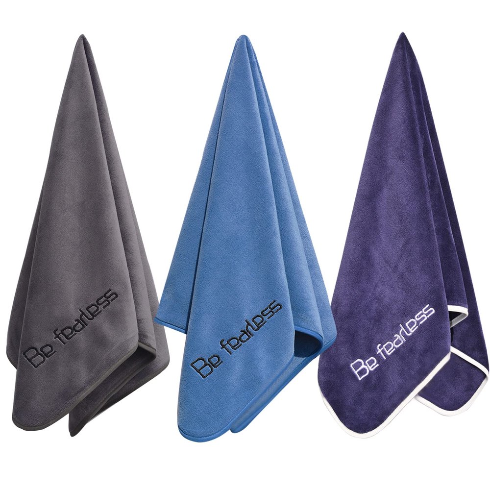 Wuwahold Microfiber Gym Towels Bigger Size Super Soft for Exercise Fitness, Sports, Workout, 380-GSM 15-Inch x 31-Inch Quick-Drying Towels (3 Pack, Grey+Blue+Navy Blue)