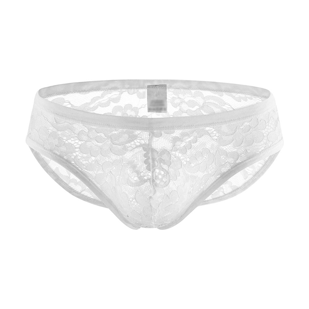JEsilunmaMY Men's See Through Briefs Low Rise Lace Sheer Pouch Underwear Sexy Breathable Sissy Panties Lingerie Bikini (White,Medium)
