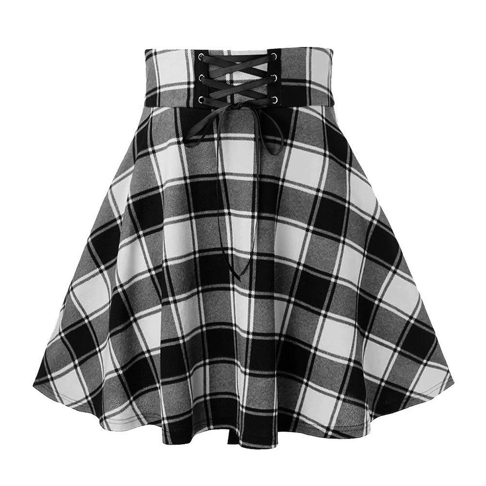 Plus Size Skirts for Womens High Waist Lace Up Goth Skirts Mini Plaid Skirts(Plaid Black, 4X)