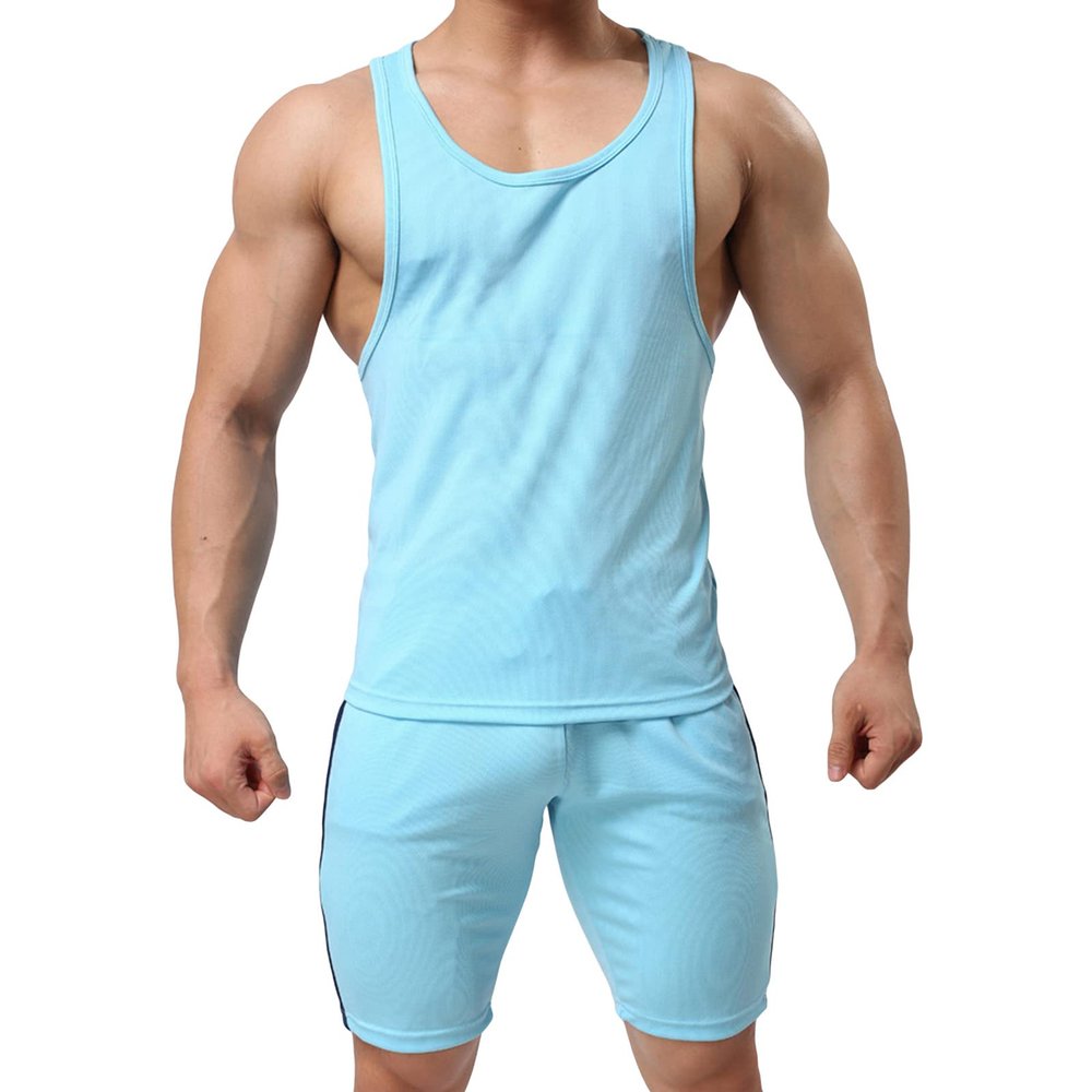 Mens Summer Sports Sets Drawstring Elastic Waist Casual Cotton Shorts Plus Size Sleeveless Suspender Tank Top (Blue,Medium)