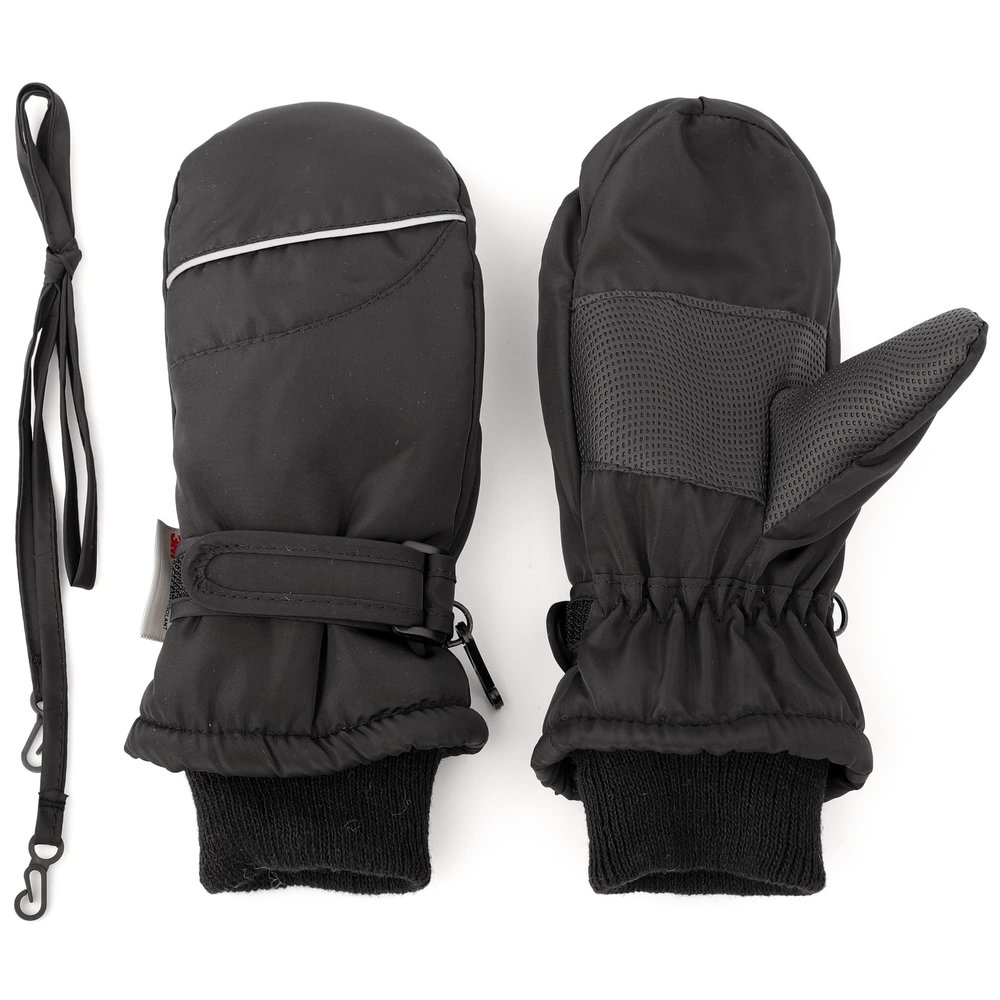F Flammi Toddler Kids Snow Mittens with String Waterproof Ski Mittens Thinsulate Winter Gloves for Baby Girls Boys(Plain Black,0-2)