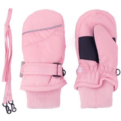 F Flammi Toddler Kids Snow Mittens with String Waterproof Ski Mittens Thinsulate Winter Gloves for Baby Girls Boys(Baby Pink,0-2)