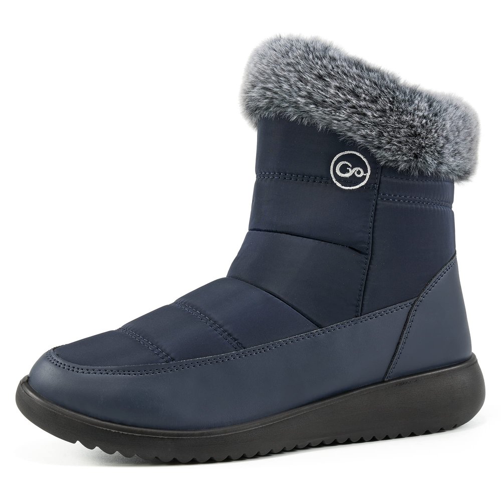 Aomigoct Women Winter Snow Boots Waterproof: Dark Blue 6 Warm Mid Calf Boots for Women with Fur Lined - Comfortable Outdoor Slip On Booties Anti-Slip