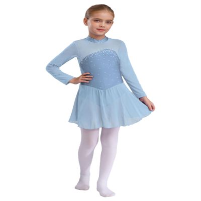 Kvysinly Girls Figure Roller Ice Skating Dress Rhinestones Mesh Long Sleeves Dance Leotard Dress Ballet Tutu Dress Sky Blue 12 Years