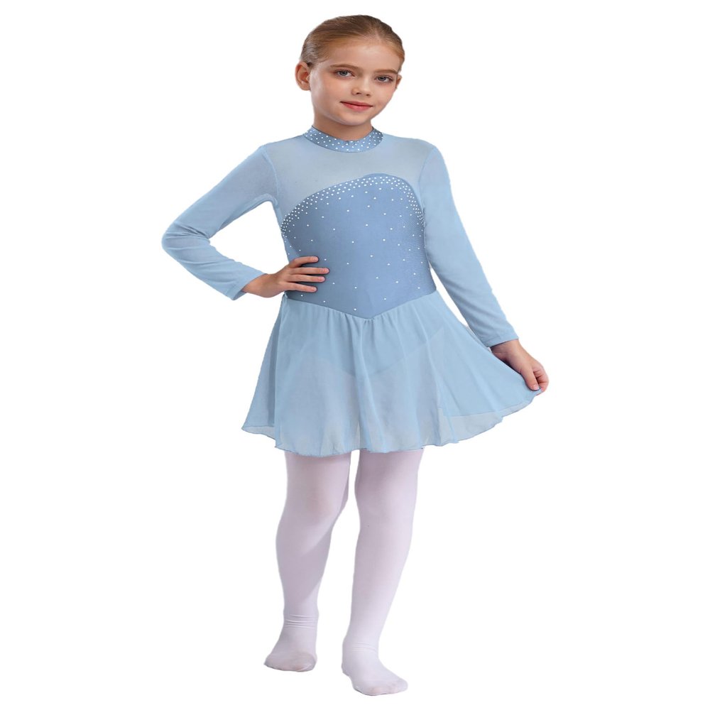 Kvysinly Girls Figure Roller Ice Skating Dress Rhinestones Mesh Long Sleeves Dance Leotard Dress Ballet Tutu Dress Sky Blue 12 Years