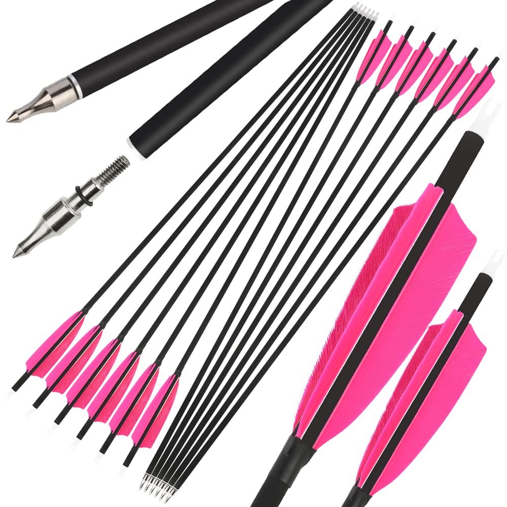 ZSHJGJR 30 Inch Archery Carbon Arrows Hunting Arrows with 4 Turkey Feather Removable Tips Targeting Practice Arrows 500 Spine for Compound & Recurve & Traditional Bow 6/12pcs (Pink, 12)