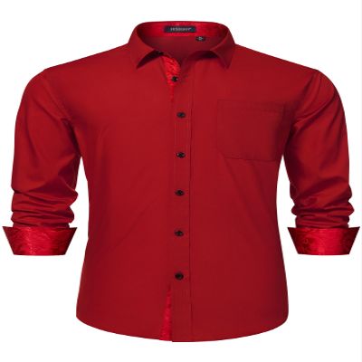 HISDERN Mens Red Dress Shirts Long Sleeve Button Down Casual Party Shirt Business Paisley Wine Red Inner Contrast Collar Christmas Tuxedo Shirt