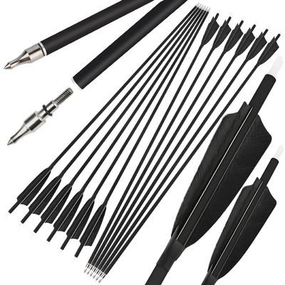 ZSHJGJR 30 Inch Archery Carbon Arrows Hunting Arrows with 4 Turkey Feather Removable Tips Targeting Practice Arrows 500 Spine for Compound & Recurve & Traditional Bow 6/12pcs (Black, 12)