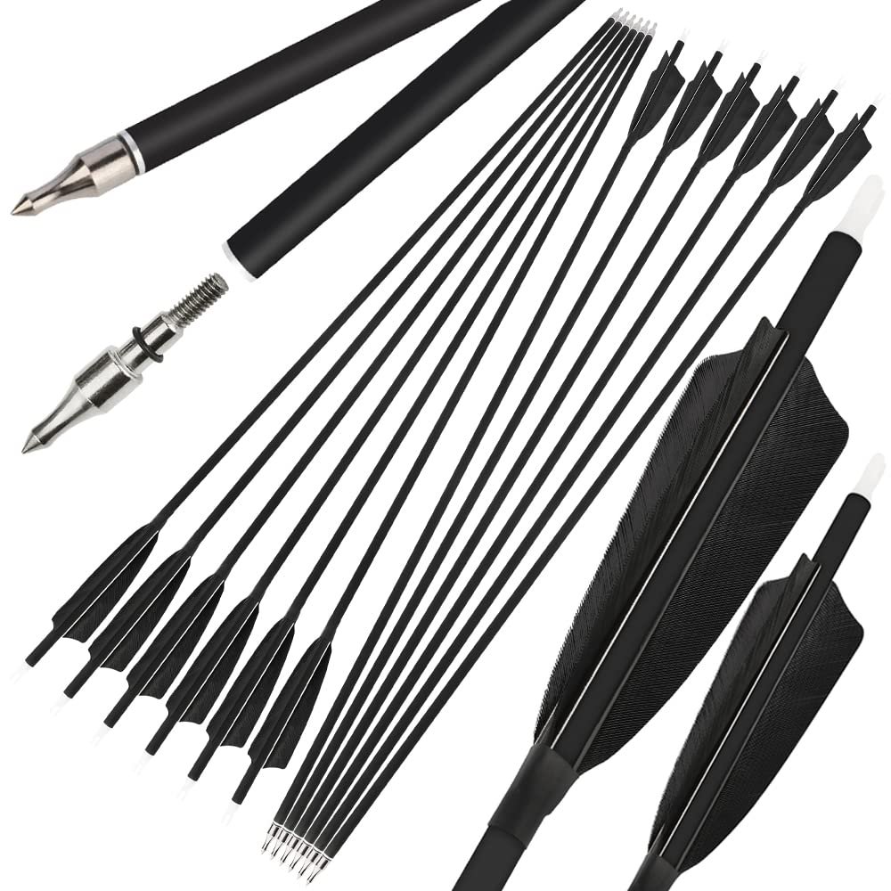 ZSHJGJR 30 Inch Archery Carbon Arrows Hunting Arrows with 4 Turkey Feather Removable Tips Targeting Practice Arrows 500 Spine for Compound & Recurve & Traditional Bow 6/12pcs (Black, 12)