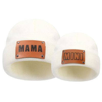 HENWASAI 2PCS Parent-Child Beanie Hat Mama and MINI Leather Patch Knitted Hat Winter Warm Cuffed Ski Cap (0 Months- 2 Years, White)