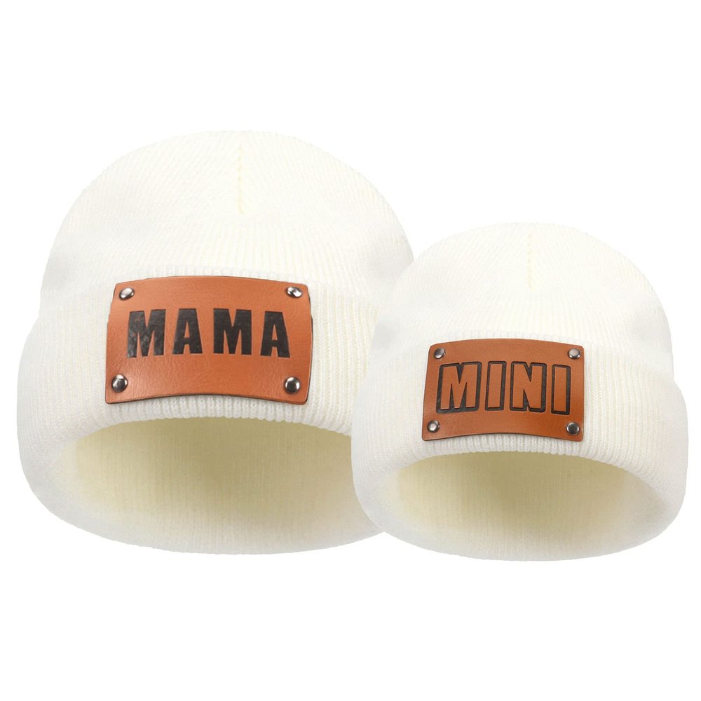 HENWASAI 2PCS Parent-Child Beanie Hat Mama and MINI Leather Patch Knitted Hat Winter Warm Cuffed Ski Cap (0 Months- 2 Years, White)