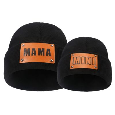 HENWASAI 2PCS Parent-Child Beanie Hat Mama and MINI Leather Patch Knitted Hat Winter Warm Cuffed Ski Cap Black