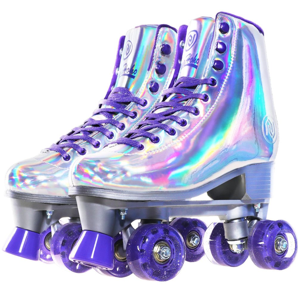 JajaHoho Roller Skates for Women, Holographic High Top Classic Rollerskates, Shiny Double-Row Glitter Four Wheels Quad Skates for Girls, Age 3-50, Indoor &Outdoor (Size 10, Silver Purple)