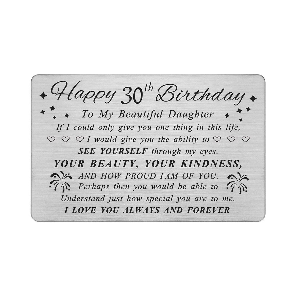 DEGASKEN 30th Birthday Card for Daughter - Happy Birthday Card Gifts for Daughter Turning 30 - 30th Birthday Decorations Gifts for Her Women - Beautiful Metal Engraved Wallet Cards