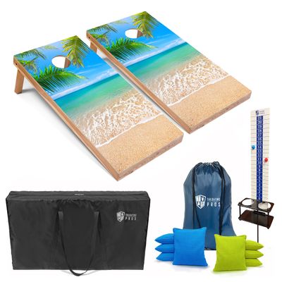 Tailgating Pros Corn Hole Board Set w/Bean Bags, Score Keeper, & Carrying Case- 4'x2' Cornhole Bag Toss - Optional LED Lights(Beach)