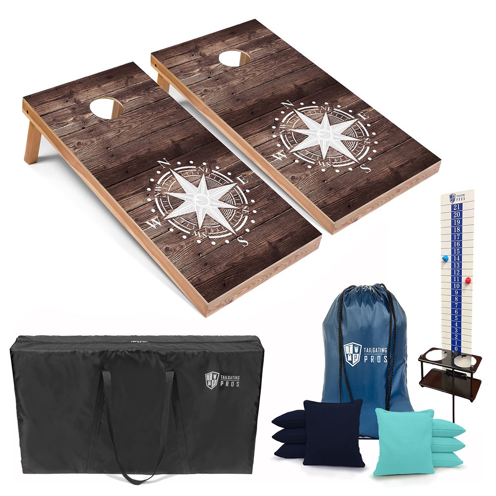 Tailgating Pros Corn Hole Board Set w/Bean Bags, Score Keeper & Carrying Case - 4'x2' Cornhole Bag Toss - Optional LED Lights(Compass)
