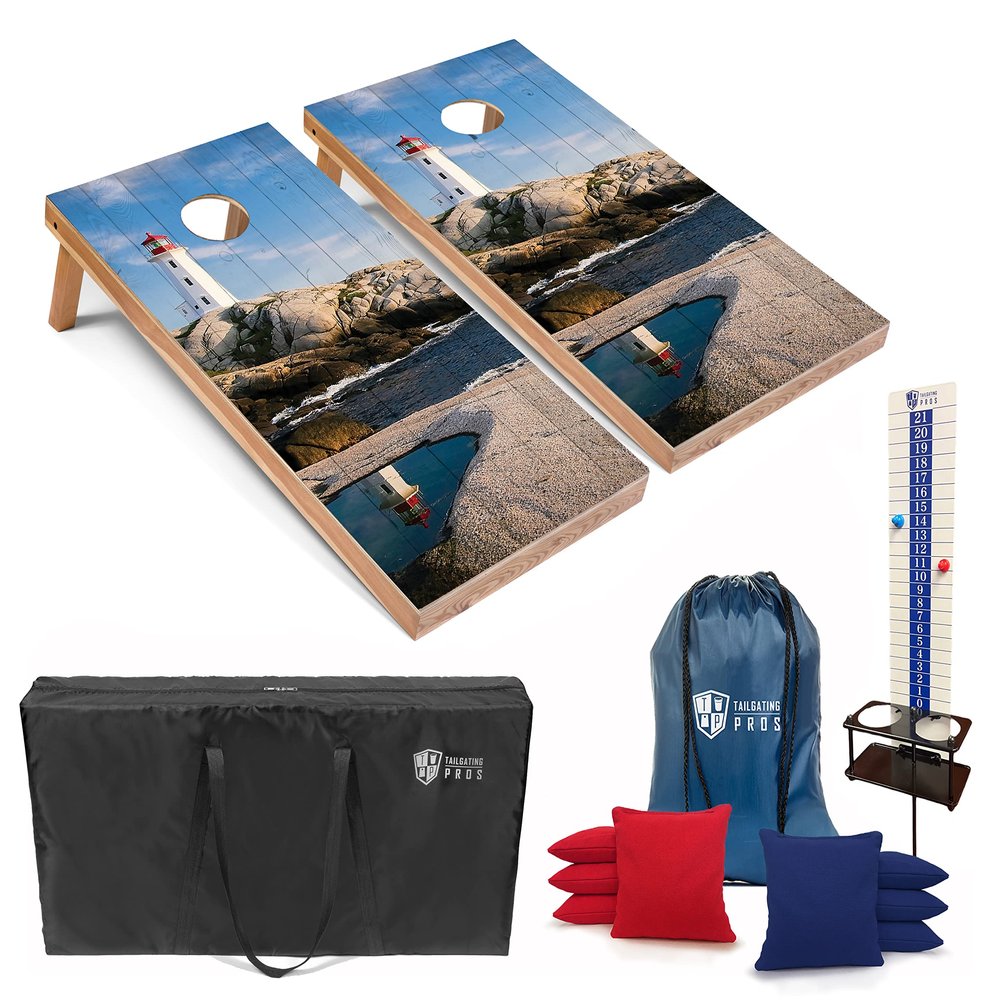 Tailgating Pros Corn Hole Board Set w/Bean Bags, Score Keeper, & Carrying Case- 4'x2' Cornhole Bag Toss - Optional LED Lights(Lighthouse)
