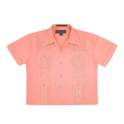 Boys Junior Guayabera Cuban Short Sleeve Embroidered 4 Pocket Shirt Kid-Omega - Coral - Small