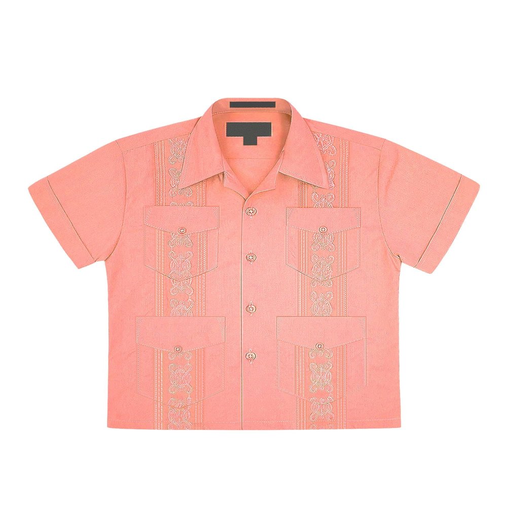 Boys Junior Guayabera Cuban Short Sleeve Embroidered 4 Pocket Shirt Kid-Omega - Coral - Small