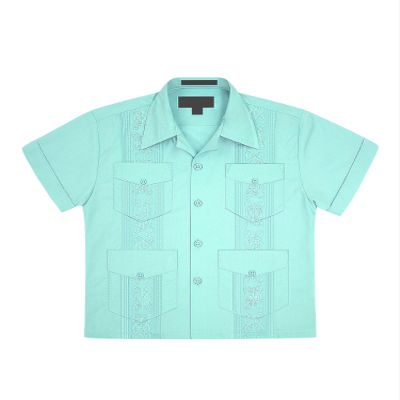 Boys Junior Guayabera Cuban Short Sleeve Embroidered 4 Pocket Shirt Kid-Omega - Aqua - X-Small