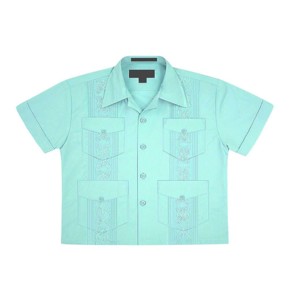 Boys Junior Guayabera Cuban Short Sleeve Embroidered 4 Pocket Shirt Kid-Omega - Aqua - X-Small