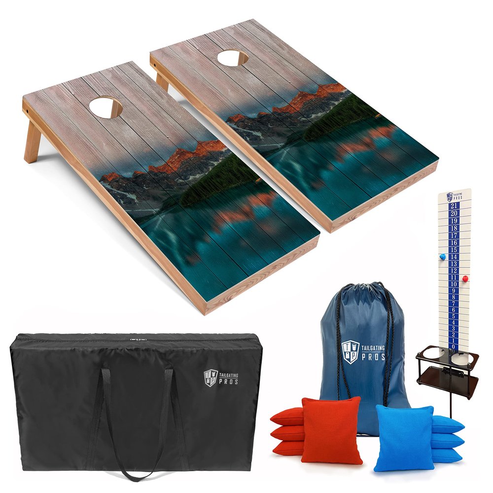 Tailgating Pros Corn Hole Board Set w/Bean Bags, Score Keeper, & Carrying Case - 4'x2' Cornhole Bag Toss - Optional LED Lights(Mountain)
