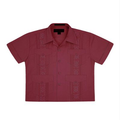 Boys Junior Guayabera Cuban Short Sleeve Embroidered 4 Pocket Shirt Kid-Omega - Burgundy - Small