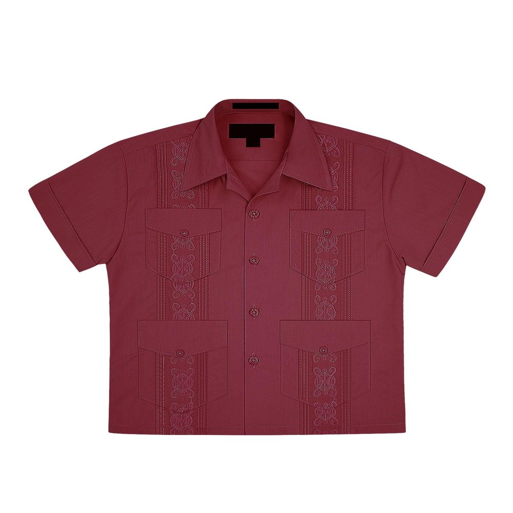 Boys Junior Guayabera Cuban Short Sleeve Embroidered 4 Pocket Shirt Kid-Omega - Burgundy - Small