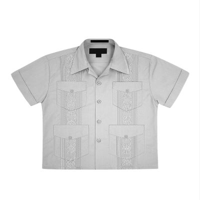 Boys Junior Guayabera Cuban Short Sleeve Embroidered 4 Pocket Shirt Kid-Omega - Light Grey - Medium