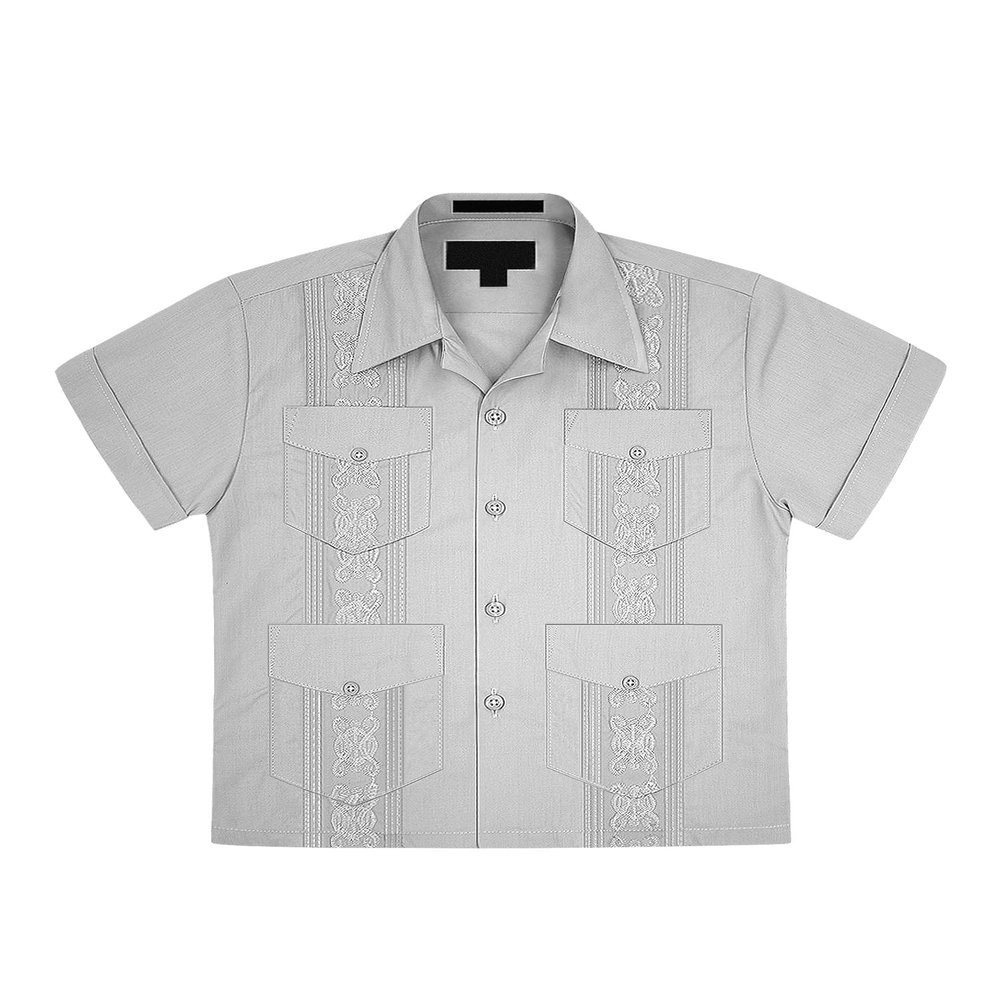 Boys Junior Guayabera Cuban Short Sleeve Embroidered 4 Pocket Shirt Kid-Omega - Light Grey - Medium