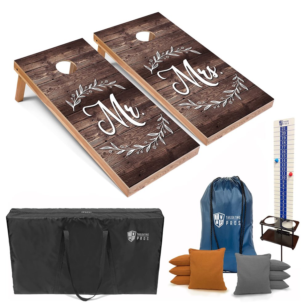 Tailgating Pros Corn Hole Board Set w/Bean Bags, Score Keeper, & Carrying Case - 4'x2' Cornhole Bag Toss - Optional LED Lights(Wedding)