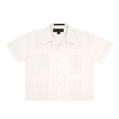 Boys Junior Guayabera Cuban Short Sleeve Embroidered 4 Pocket Shirt Kid-Omega - Ivory - Large
