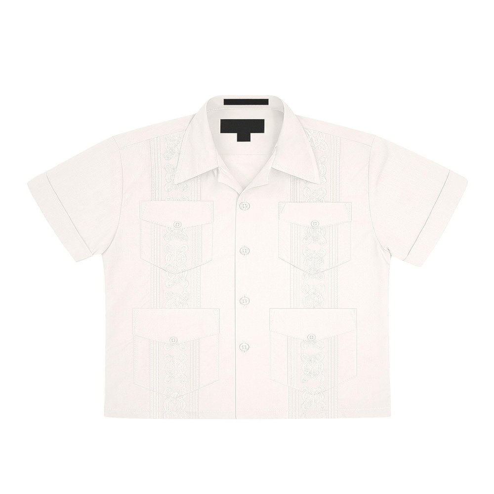 Boys Junior Guayabera Cuban Short Sleeve Embroidered 4 Pocket Shirt Kid-Omega - Ivory - Large