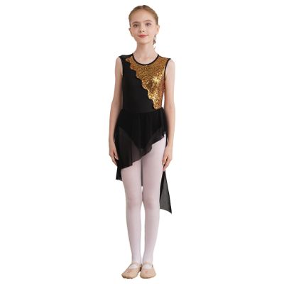 FEESHOW Girls Ballet Lyrical Dance Dress Shiny Sleeveless Cutout Back Leotard with High Low Skirt Dancing Costumes Black 14 Years