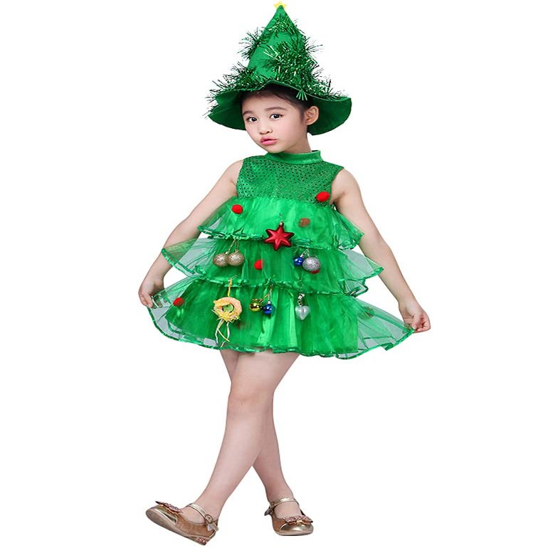 AGQT Girls Christmas Tree Costume Sleeveless Xmas Party Christmas Elf Green Multi-Layer Tulle Santa Claus Tutu Dress Size 5-6T