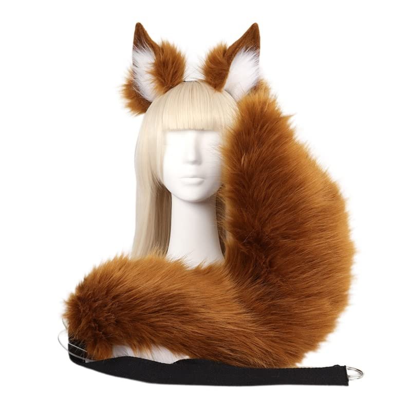 Angela0123 Faux Fur Fox Ears and Tail Set,Furry Ears Headband with Tail Fox Ears,Halloween Cosplay Party Fox Costumes (Dark Brown)