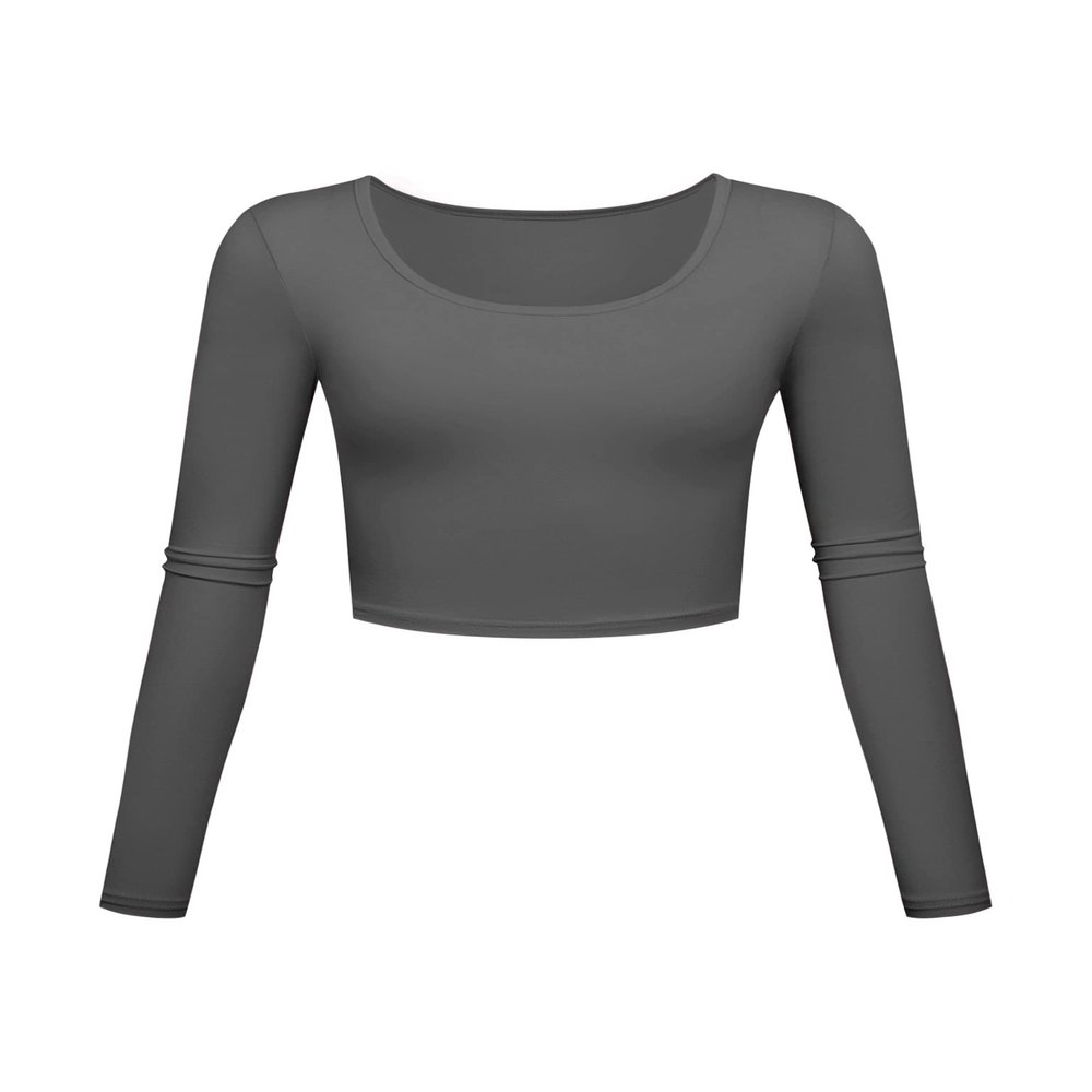Long Sleeve Crop Tops for Women Workout Basic Clothes for Teen Ladies Fitted Slim Scoop Neck Cute Yoga Shirts (Grey, X-Large)