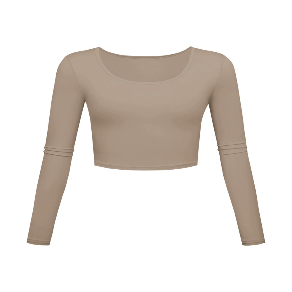 Long Sleeve Crop Tops for Women Workout Basic Clothes for Teen Ladies Fitted Slim Scoop Neck Cute Yoga Shirts (Light Coffee, Large)