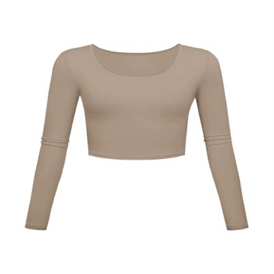 Long Sleeve Crop Tops for Women Workout Basic Clothes for Teen Ladies Fitted Slim Scoop Neck Cute Yoga Shirts (Light Coffee, X-Large)