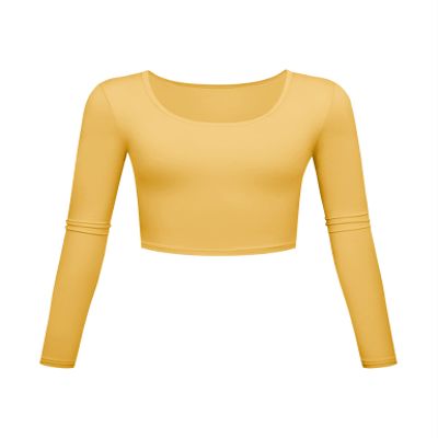 Long Sleeve Crop Tops for Women Workout Basic Clothes for Teen Ladies Fitted Slim Scoop Neck Cute Yoga Shirts (Mustard Yellow, Large)