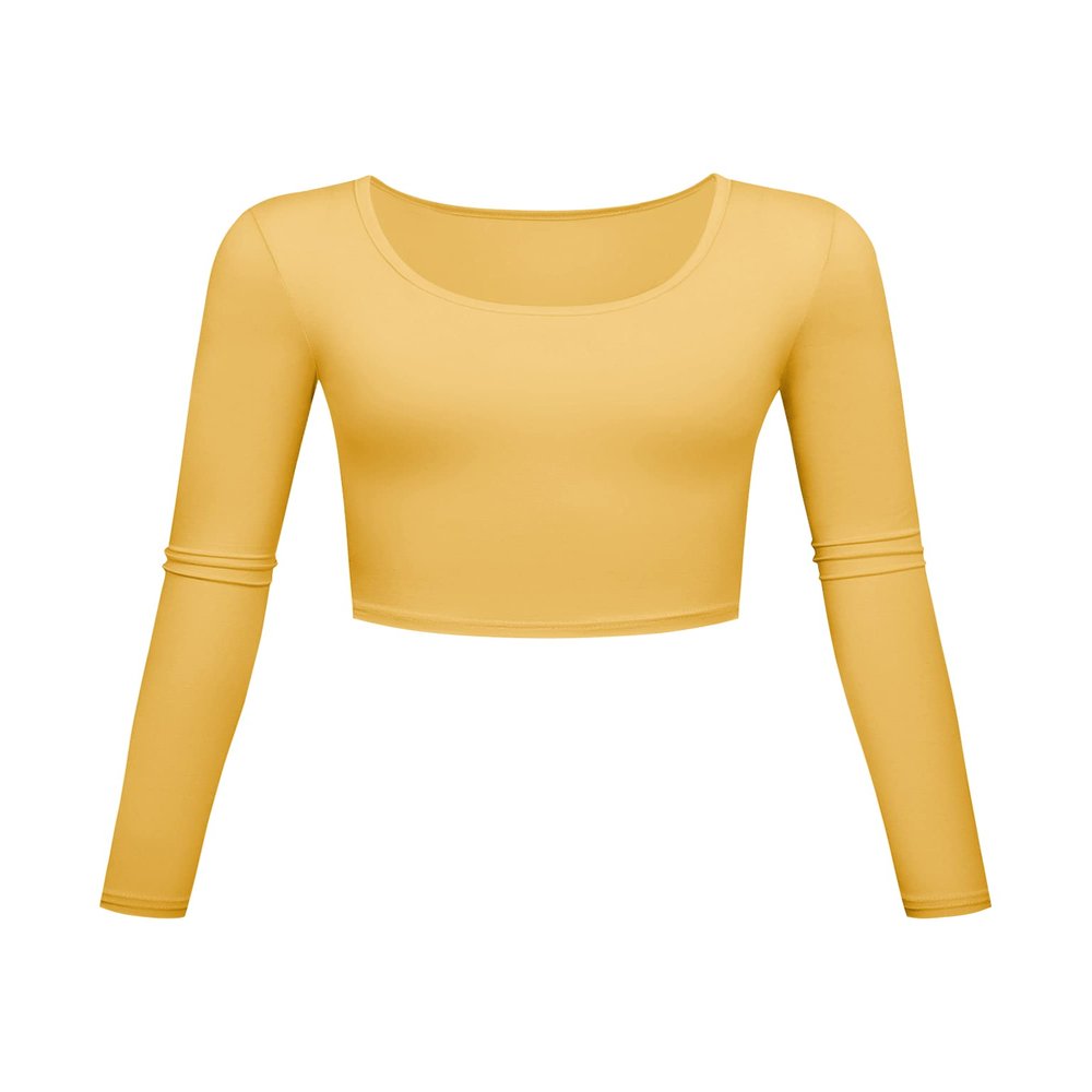 Long Sleeve Crop Tops for Women Workout Basic Clothes for Teen Ladies Fitted Slim Scoop Neck Cute Yoga Shirts (Mustard Yellow, Large)