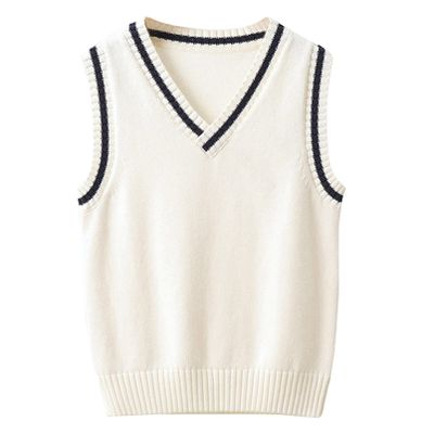Aislor Boys Girls V Neck Knitted Sweater Vest Kids Uniform Knitwear Sleeveless Pullover Crochet Vest Tank Top Waistcoat White 9-10 Years