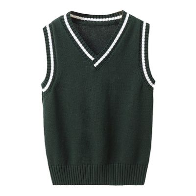 Aislor Boys Girls V Neck Knitted Sweater Vest Kids Uniform Knitwear Sleeveless Pullover Crochet Vest Tank Top Waistcoat Dark Green 2-3 Years